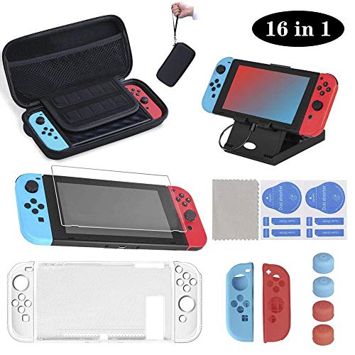 16 en 1 Kit de Accesorios para Nintendo Switch, Funda para Nintendo Switch, Funda Protectora de Silicona | Funda de Transparente | Protector de Pantalla | Tapas para Joystick | Soporte Ajustable