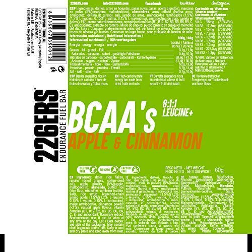 226ERS Endurance Fuel Bar BCAAs, Barrita de Resistencia y Energía Sin Gluten con Vitaminas, Manzana & Canela - 1 barra