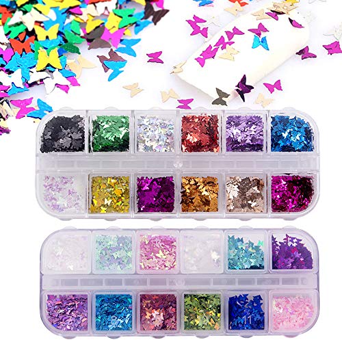 24 colores/set 3D Lentejuelas de uñas de mariposa, Kalolary Holográfica Butterfly Nail Lentejuelas Acrílico，para uñas, cabello, decoración de arte corporal