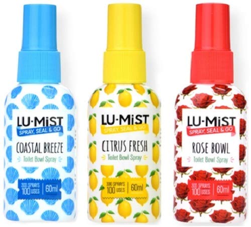 3 x 60 ml Lu-Mist Bol Spray para inodoro (cítricos frescos, rosas, brisa costera)