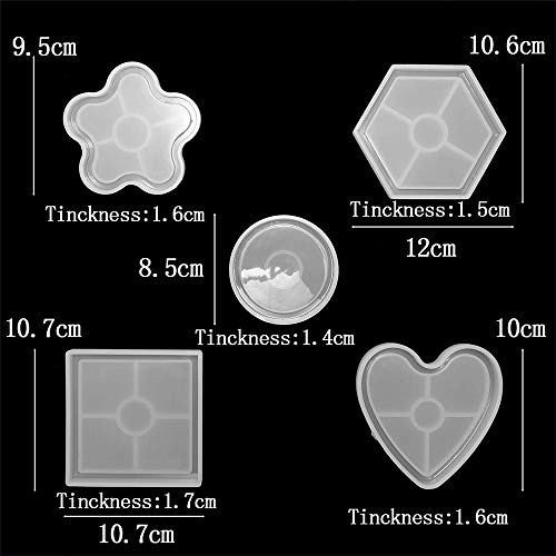 5 piezas Molde Silicona para Montaña Rusa, Moldes Geométricos Fundición de Resina, Redondo, Cuadrado, Flor de Ciruelo, Hexágono y Forma de Corazón, para Suministros de Arte de Artesanía de Bricolaje