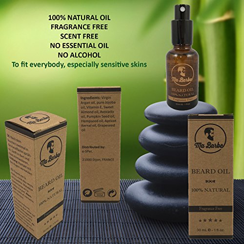 Aceite para Barba 100% NATURAL sin perfume. Con spray! Nutre, hidrata, suaviza, estimula el crecimiento y brilla. Mezcla de 8 aceites vegetales beneficiosos. Perfecto para pieles sensibles. 30 ml