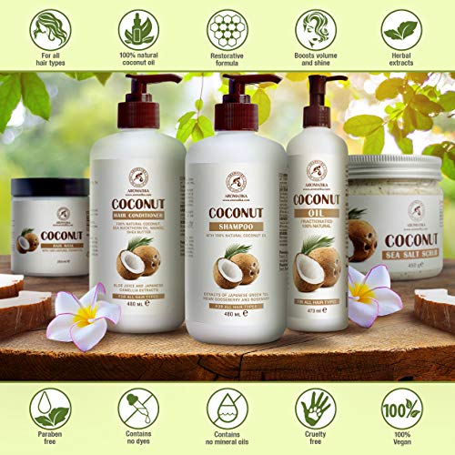 Acondicionador para Cabello de Coco 480 ml - con Aceite de Coco 100% Natural - para Todo Tipo de Cabello - Pelo Hidratado - Suave y Brillante - Sin Sulfato & Sin Parabenos - Ingredientes Naturales