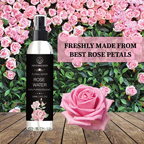 Agua de rosas orgánica: grado terapéutico, puro, búlgaro, sin hexano, sin alcohol: lo mejor para tóner facial, piel, cabello, cuidado del cuerpo, spray de viaje: rociador de niebla fina (120 ml)