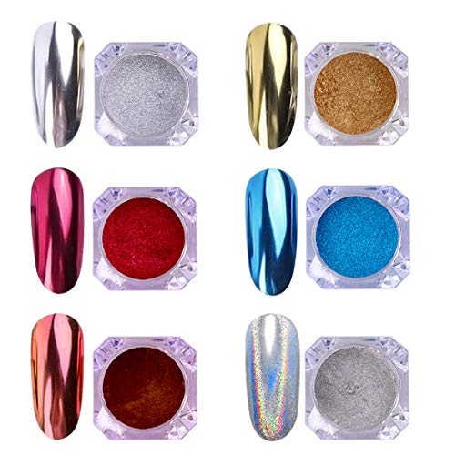 AIMEILI 6 colors Polvo Acrilico Para Uñas Colores Esmalte Uñas Efecto Espejo Arte de Uñas Cromo Pigmento Holográfica Manicura Decoración Chrome Laser Rainbow Camaleón Uñas Mirror Nail Glitter Powder