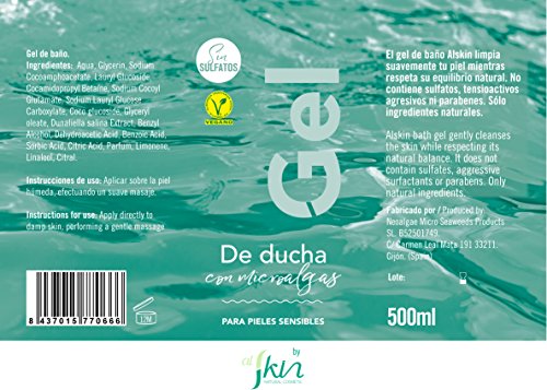 Alskin - Gel de Ducha Sin Parabenos y Sin Sulfatos | Vegano | Gel de Baño a Base de Microalgas Indicado Para Pieles Sensibles | 500mL