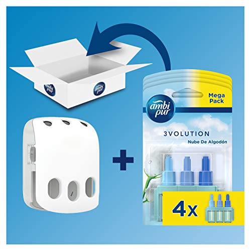 Ambi Pur 3Volution Mega Starter Pack Nubes de Algodón Ambientador Eléctrico, 4 Recambio con 3 Fragancias Que Se Alternan Para Eliminar Olores - 21 ml