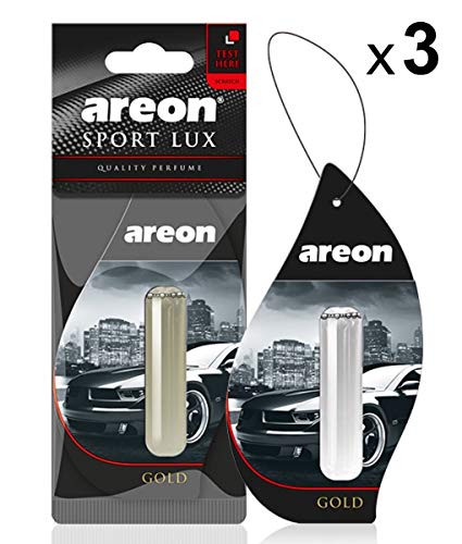 AREON Liquido Ambientador Coche Oro Perfume Casa Olor Mini Colgar Colgante Negro Retrovisor Oficina 3D 5ml (Gold Pack de 3)