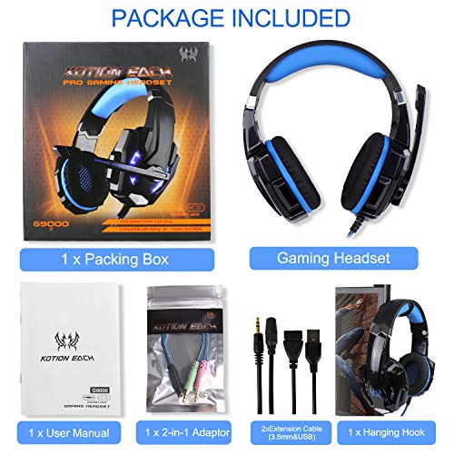 Auriculares Gaming PS4, Galopar Cascos Gaming, Premium Stereo con Microfono Gaming Headset con 3.5mm Jack para PC/Xbox One/Switch - con Gancho y 2 x Cable de Extensión-Azul