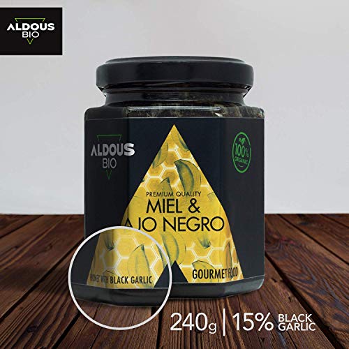 Auténtica Miel Ecológica con Ajo Negro ecológico | Producto Gourmet de Calidad Premium | 100% Natural y Artesanal | Sin Azúcar Añadido | Producida en España | Certificación ecológica oficial | 240g