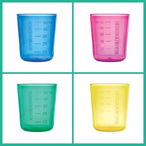 Babycup Primer Vaso - vaso aprendizaje bebe 4m+, Sippy cup abierto graduado y transparente, 100% reciclable y libre de BPA, capacidad de 50ml, set de 4, (multi)