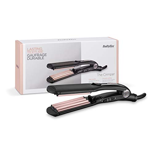 BaByliss 2165CE Plancha de crimpar para crear volumen y textura, placas de cerámica con turmalina de 35 mm, 10 temperaturas de 120° a 210°, calentamiento instantáneo, punta de agarre frío