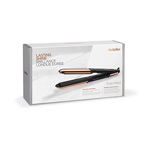 BaByliss ST481E Pure Metal Plancha de pelo profesional 2 en 1, alisa y ondula, con efecto TOP COAT, ajustes de temperatura de 150º a 230ºC, función iónica, Negro/ Oro rosa