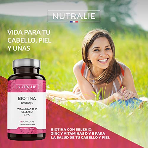 Biotina 10.000 mcg | Vitaminas D y E, Zinc, Selenio | Contribuye al Crecimiento del Cabello y Mantenimiento de Piel y Uñas | 120 Cápsulas | Nutralie