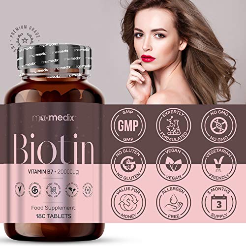 Biotina Natural 20,000 mcg Dosis Alta, 180 Comprimidos Veganos - Suplemento Vitamínico Para Crecimiento, Fortalecimiento y Frenar Caída del Cabello, Para Salud de la Piel y Uñas, Activa Metabolismo