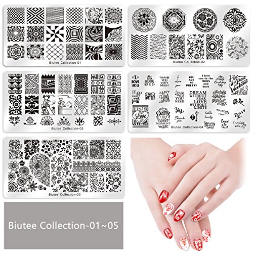 Biutee Nail Art Stamping 15pcs Placas Estampacion Uñas para Manicura +1pcs Sello de Silicona +2 pcs Rascador +1 pcs Bolsa para Placas（Color al azar）