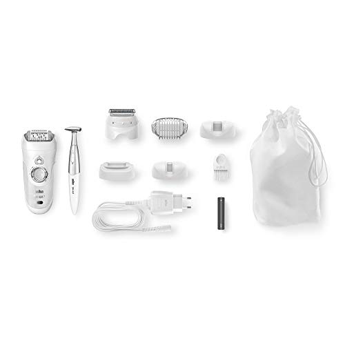 Braun Silk-épil 7 7-561 - Pack depiladora eléctrica para mujer, inalámbrica con 8 Extras, cabezal afeitadora y recortadora zona bikini, blanco/plata