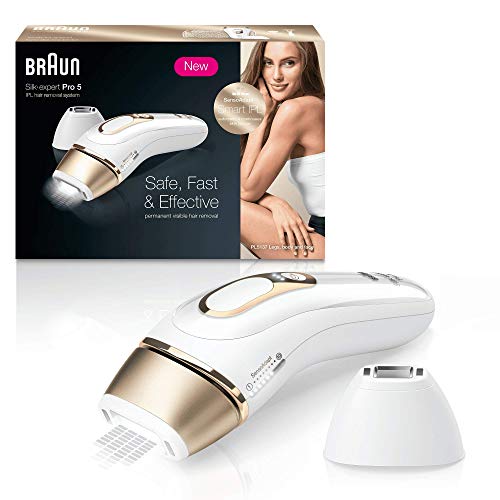 Braun Silk Expert Pro 5 PL5137 Depiladora Luz Pulsada IPL, Última Generación, Depilación Permanente, Cabezal Precisión, Cara Y Cuerpo, Blanco/Dorado