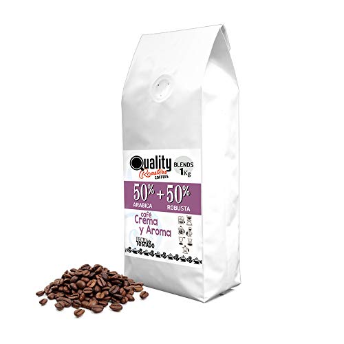 ☕ Café en grano natural "Crema y Aroma". 50% Arabica + 50% Robusta. 1Kg. Blend. Tostado artesanal.