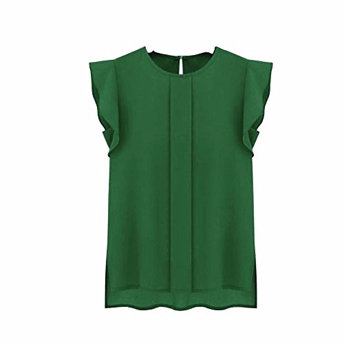 Camisetas Sin Mangas Mujer SHOBDW Verano Playa Mar Sexy Cuello Redondo Blusa Corta Informal Casual Suelto Gasa Volante Fruncido Sólido Puro Camisas De Chaleco para Mujer(Verde,XL)