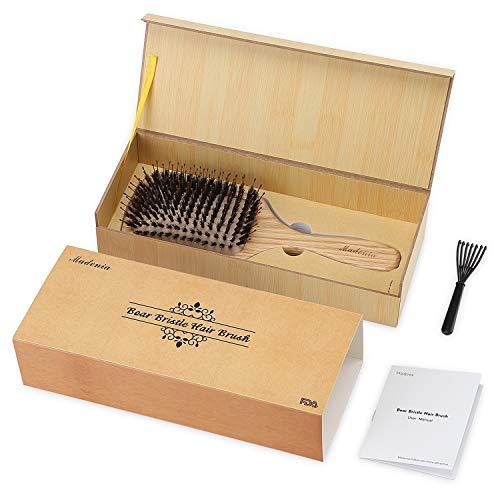 Cepillo de pelo de madera con cerdas de jabalí [Aprobado por la FDA] para con cabello fino, grueso, ondulado, rizado. Masaje no estático del cuero cabelludo Detangling Paddle Design Hairbrush.