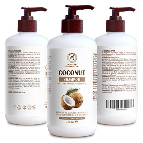 Champú de Coco 480 ml - con Aceite de Coco 100% Natural - Champú para Hidratación & Volumen - Sin Sulfatos ni Parabenos - Extractos de té Verde Japonés, Grosella Espinosa India y Romero