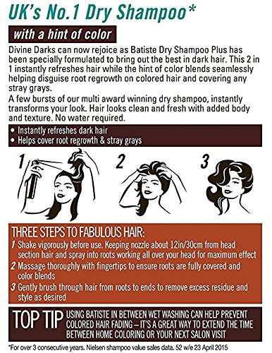 Champú seco Batiste Divine Dark con un toque de color para cabello negro y marrón oscuro, cabello fresco para todos los tipos de cabello, pack de 2 (2 x 200 ml)