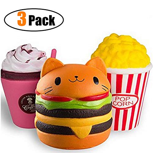 Chickwin Squishys Kawaii, Juguetes de Compresión Blanda Exprimir Alivio de Estrés Caricatura Cute Perfumado Lento Aumento de Juguete Accesorios Adornos (Popcorn + Burger Cat + Copa de Paja)