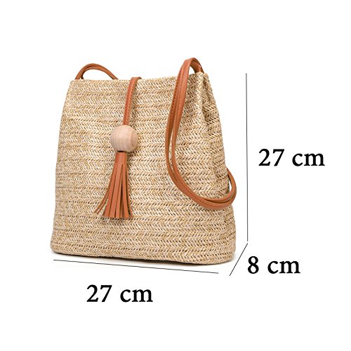 Cikuso Bolso de cuero hecho a mano de la vendimia de Bali,Bolso redondo de la playa de la paja Bolso de la rota de las muchachas,bolso pequeno de la rota de Bohemia de las muchachas(marron)