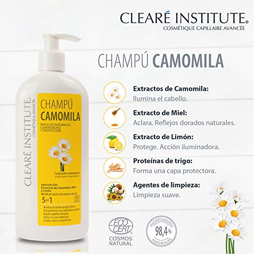 Clearé Institute Champú Camomila - Limpia, Nutre y Acondiciona | Reflejos Dorados y Luminosidad | 98% Ingre. Naturales | Sin Parabenos, Siliconas ni Sulfatos SLES, SLS | Para Toda la Familia - 400ml