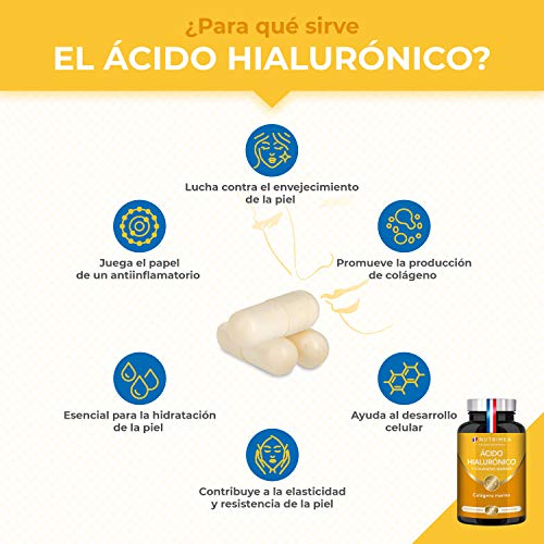 Colágeno Marino y Acido Hialurónico Puro | Con Vitamina A y Vitamina C | Hidratación Piel Antiedad Antirrugas Reduce Líneas de Expresión | Huesos y Articulaciones | 60 Cápsulas Fabricado en Francia