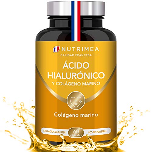 Colágeno Marino y Acido Hialurónico Puro | Con Vitamina A y Vitamina C | Hidratación Piel Antiedad Antirrugas Reduce Líneas de Expresión | Huesos y Articulaciones | 60 Cápsulas Fabricado en Francia