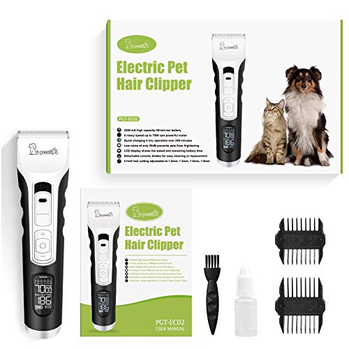 Cortapelos para Perro, Profesional Perros y Mascotas 4 Horas Uso Continuo, 5 Velocidades Ajustable Gatos Pantalla LED con Cable USB