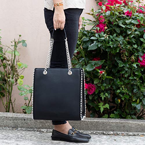 CRAZYCHC - Bolso de Mano Cadena Mujer - Shopper Tote Remaches Perlas - Bolsos de Hombro Cuero Piel PU Mediano - Bolso Compras Rectangular Shopping Bag - Elegante Moda Tendencia Designer - Negro