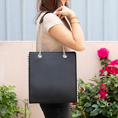 CRAZYCHC - Bolso de Mano Cadena Mujer - Shopper Tote Remaches Perlas - Bolsos de Hombro Cuero Piel PU Mediano - Bolso Compras Rectangular Shopping Bag - Elegante Moda Tendencia Designer - Negro