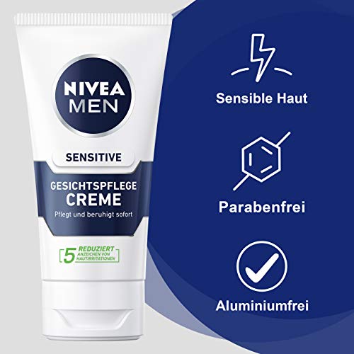 Crema facial Nivea Men Sensitive en un paquete de 2 unidades (2 x 75 ml), crema hidratante para hombres con piel sensible, crema facial calmante