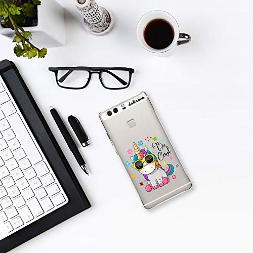 dakanna Funda para Huawei P9 Plus | Unicornio con Gafas Frase: Be Cool | Carcasa de Gel Silicona Flexible | Fondo Transparente