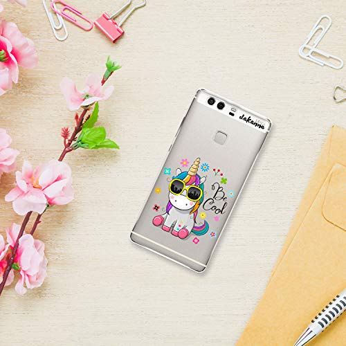 dakanna Funda para Huawei P9 Plus | Unicornio con Gafas Frase: Be Cool | Carcasa de Gel Silicona Flexible | Fondo Transparente