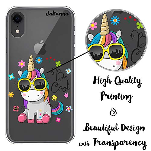 dakanna Funda para iPhone XR | Unicornio con Gafas Frase: Be Cool | Carcasa de Gel Silicona Flexible | Fondo Transparente