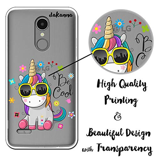 dakanna Funda para LG K9 | Unicornio con Gafas Frase: Be Cool | Carcasa de Gel Silicona Flexible | Fondo Transparente