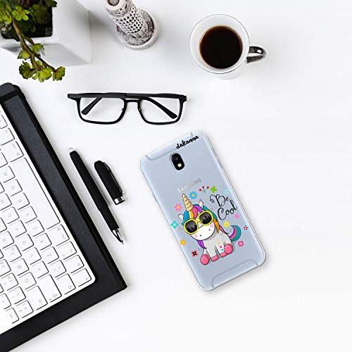 dakanna Funda para Samsung Galaxy J7 2017 | Unicornio con Gafas Frase: Be Cool | Carcasa de Gel Silicona Flexible | Fondo Transparente