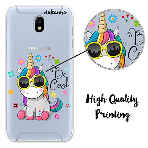 dakanna Funda para Samsung Galaxy J7 2017 | Unicornio con Gafas Frase: Be Cool | Carcasa de Gel Silicona Flexible | Fondo Transparente