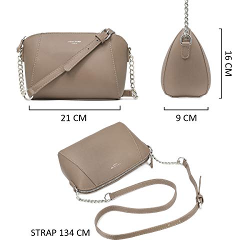 David Jones - Pequeño Bolso Bandolera Mujer - Bolsos de Hombro Cruzados Cadena Cuero PU - Mensajero Clutch Embrague Noche - Messenger Crossbody Bag - Pochette Piel Cremallera Elegante - Beige Topo