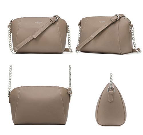 David Jones - Pequeño Bolso Bandolera Mujer - Bolsos de Hombro Cruzados Cadena Cuero PU - Mensajero Clutch Embrague Noche - Messenger Crossbody Bag - Pochette Piel Cremallera Elegante - Beige Topo