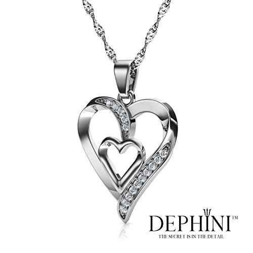 DEPHINI - Collar plata corazon - colgante corazon Plata de ley 925 con circón - colgantes mujer regalo mujer cumpleaños originales - regalo amor para mujer - cadena de plata con rodio de platino