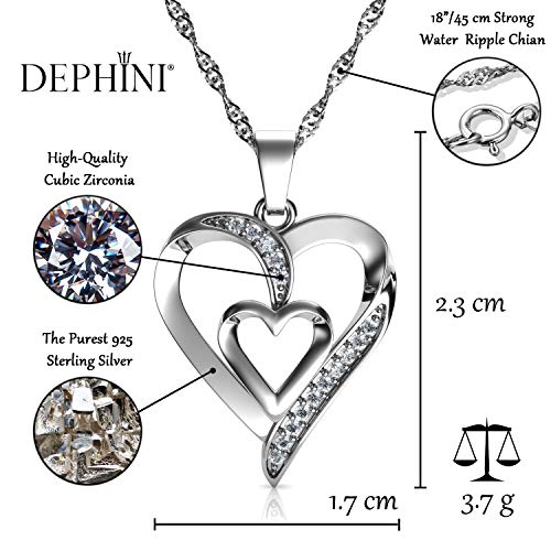 DEPHINI - Collar plata corazon - colgante corazon Plata de ley 925 con circón - colgantes mujer regalo mujer cumpleaños originales - regalo amor para mujer - cadena de plata con rodio de platino