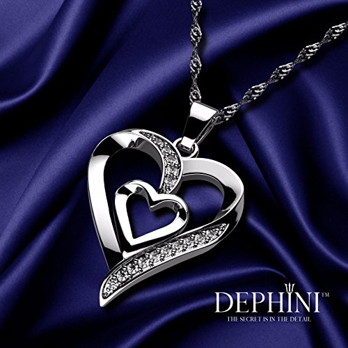 DEPHINI - Collar plata corazon - colgante corazon Plata de ley 925 con circón - colgantes mujer regalo mujer cumpleaños originales - regalo amor para mujer - cadena de plata con rodio de platino