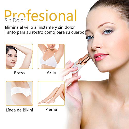 Depiladora Facial Mujer Electrica, Removedor de Vello Impecable, Afeitadora sin dolor para Mujer Impermeable para Mejillas Labios Barbilla y Cuello de Mujeres con Luz LED Incorporada Batería