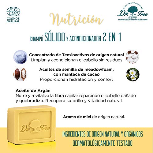 Dr. Tree Nutrición 2 en 1 - Champú Sólido + Acondicionador Ecológico, Nutre, Revitaliza y Repara, Cabello Dañado y Quebradizo, Champú sin SLS, 1 Pastilla = 900ml, 99% Ingred. Naturales ECOCERT