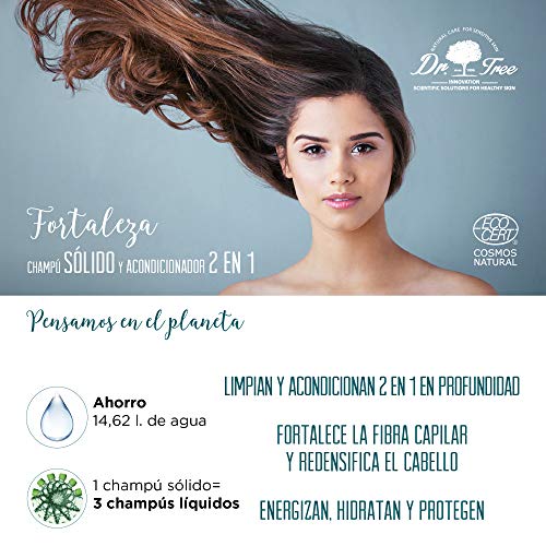 Dr.Tree Fortaleza 2 en 1 - Champú Sólido + Acondicionador Ecológico. Limpia, Hidrata y Energiza, Cabello fino y Débil o Caída, Champú sin SLS, 1 Pastilla = 900ml, 99% Ingred. Naturales ECOCERT